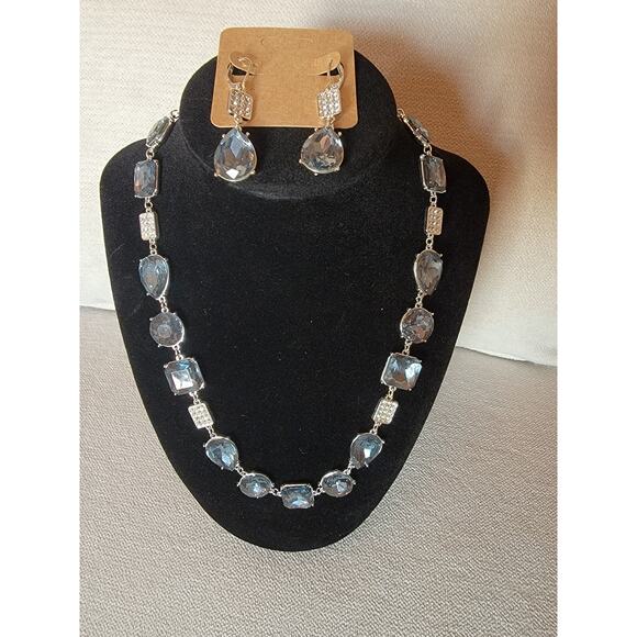 Faceted Crystal Statement Necklace & Drop Earring Set – Silver Tone - Picture 1 of 4
